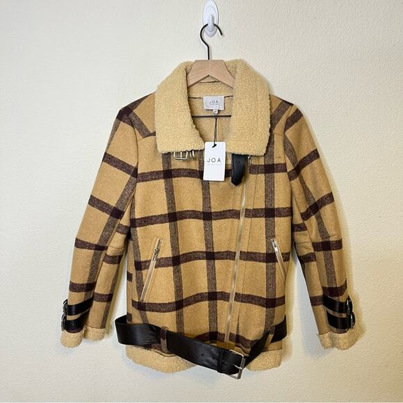 NWT J.O.A Aviator Jacket Sherpa Lined Plaid Vintage Checkered Belted Womens XS - Picture 5 of 10